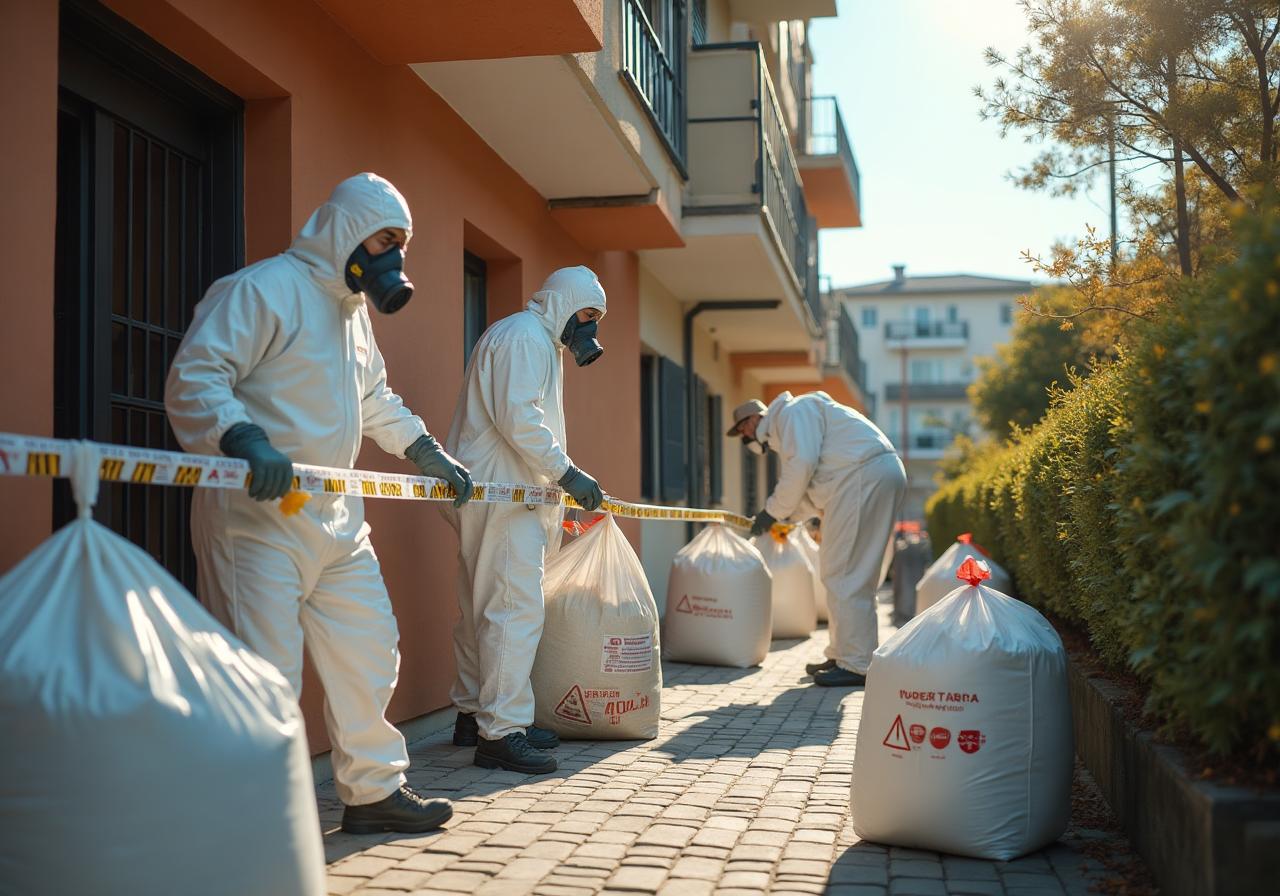 Squadra in tuta protettiva per rimozione amianto con area delimitata e sacchi etichettati