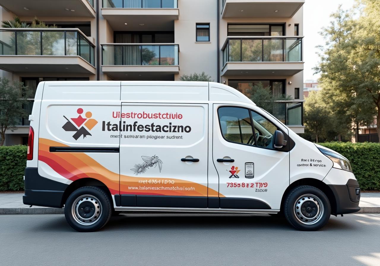 Furgone aziendale ItalDisinfestazione brandizzato davanti a condominio