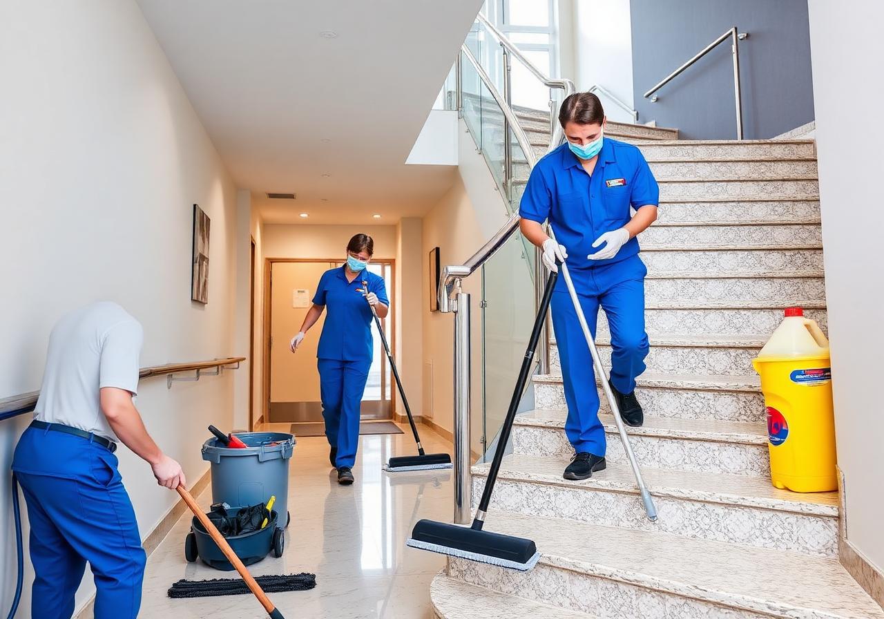 Team professionale che pulisce scale e aree comuni di un condominio moderno