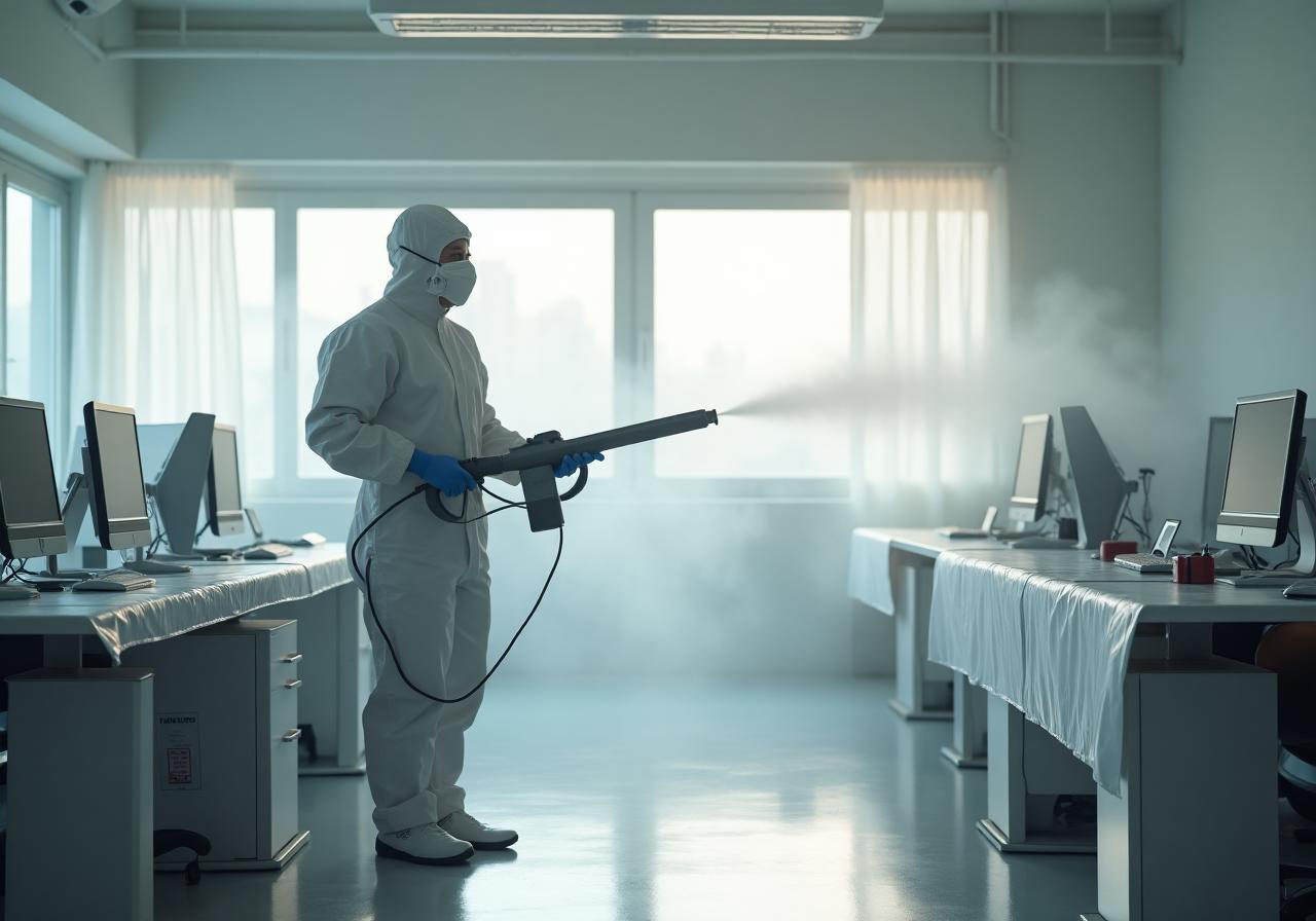 Sanificazione ufficio con nebulizzatore ULV e cartello area trattata